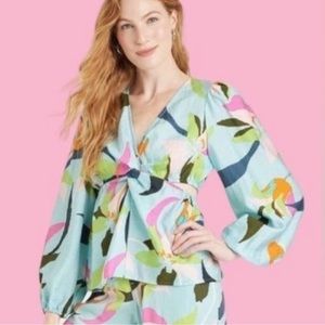 New Day Bright Tropical Floral Twist Front Cut Out Blouse Top